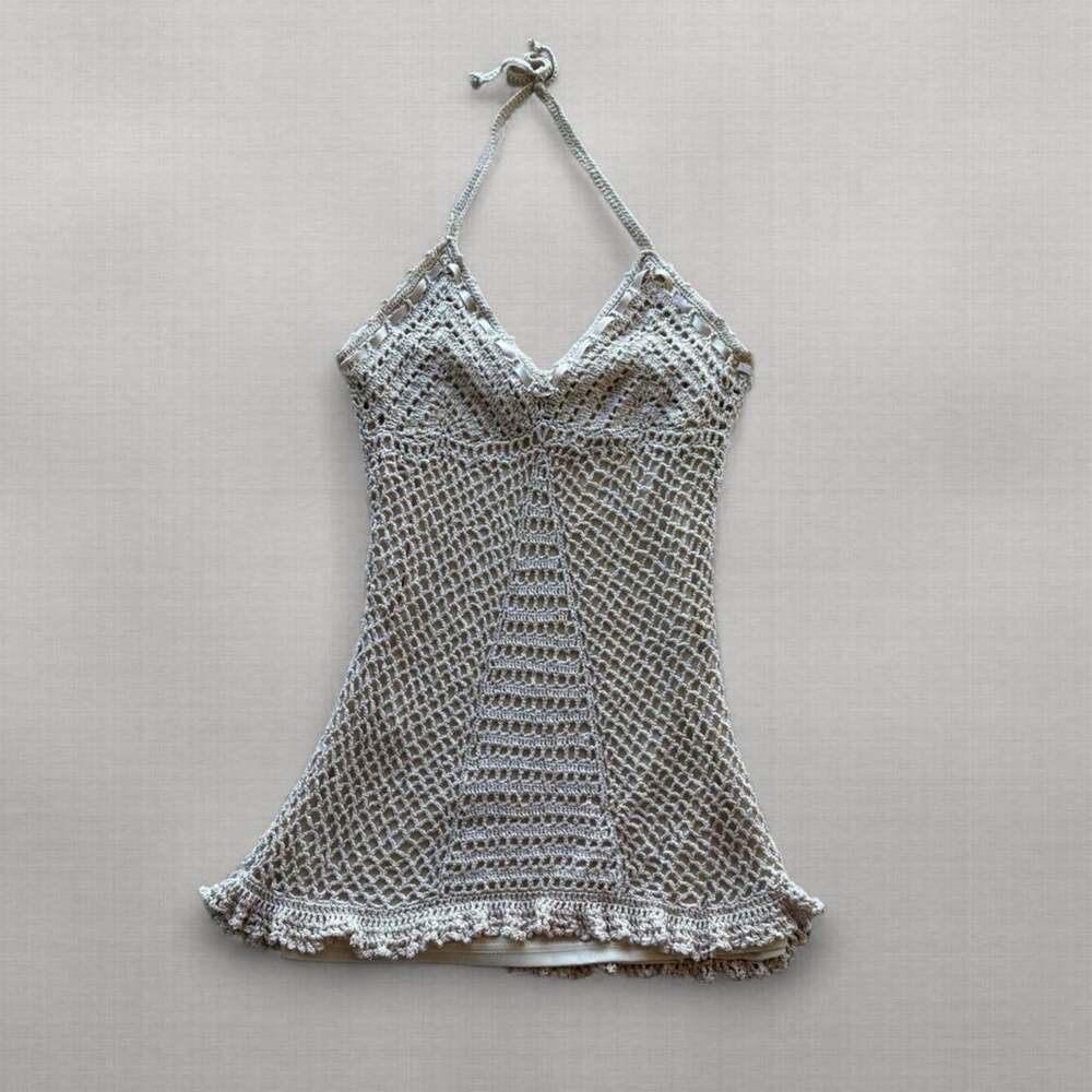 Y2K Say What Cream Crochet Halter Top Womens S Metallic Ribbon Lined Festival